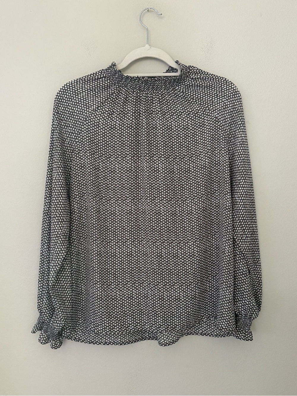 LOFT Brown Polka Dot Blouse Long Sleeve Mock Smock Neck Workwear Sz S Casual